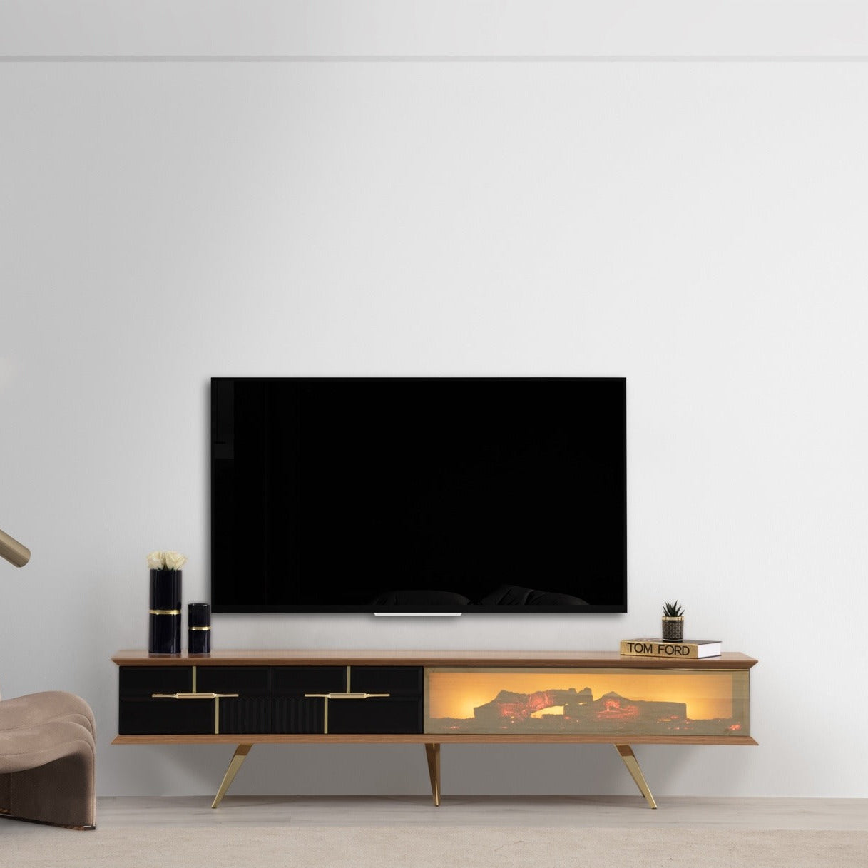 Tribe Wooden Fire Tv Unit Black 200cm