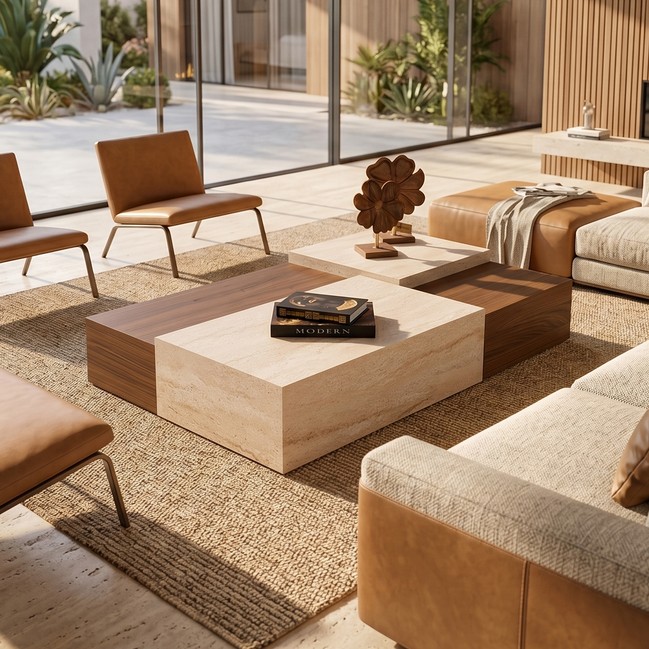 187 Walnut Travertine Coffee Table Set