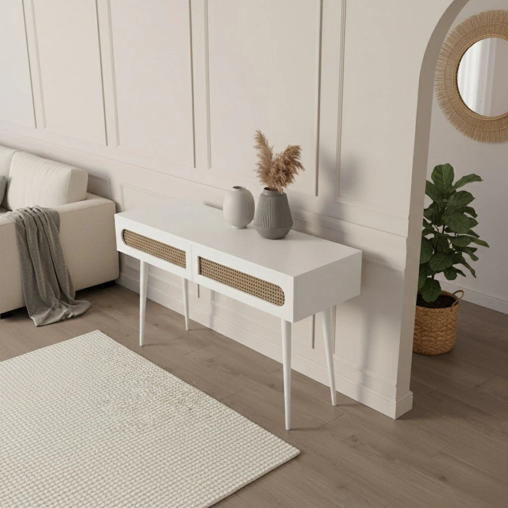Claude Rattan Console Table White