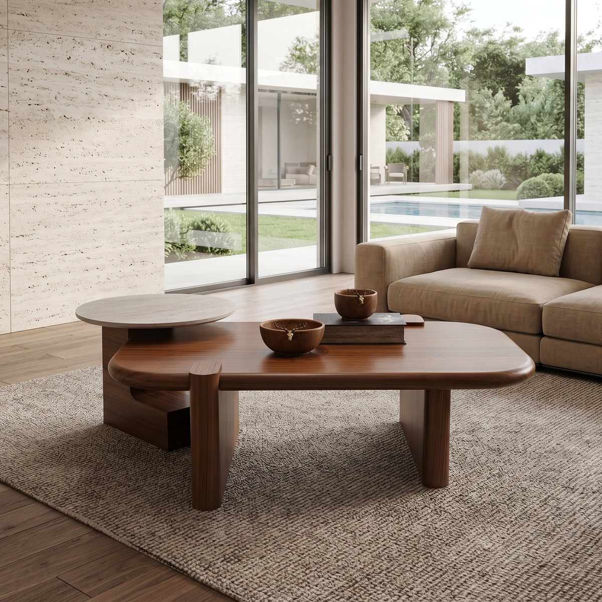 681 - 675 Coffee Table Set Walnut Travertine