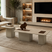 690 - 691 Beige Travertine Walnut Coffee Table Set
