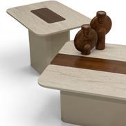 690 - 691 Beige Travertine Walnut Coffee Table Set