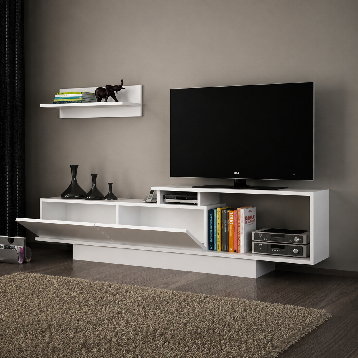 Aster TV Unit with Wall Shelves White