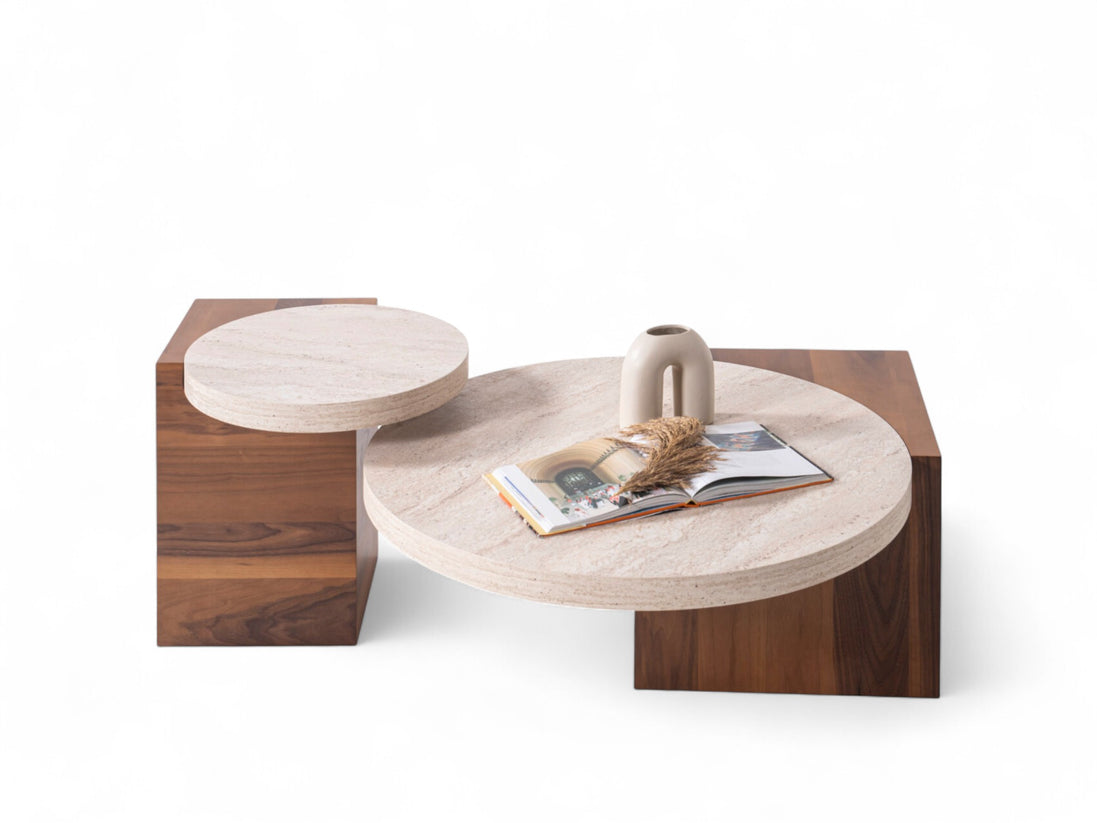 Supreme Travertine Walnut Coffee Table Set