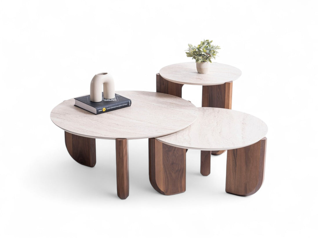 Thorin Walnut Travertine Coffee Table Set Of 3