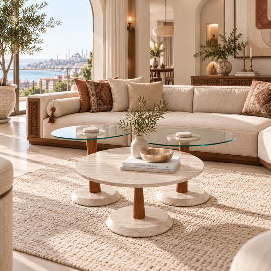 687 Travertine Walnut Coffee Table Set