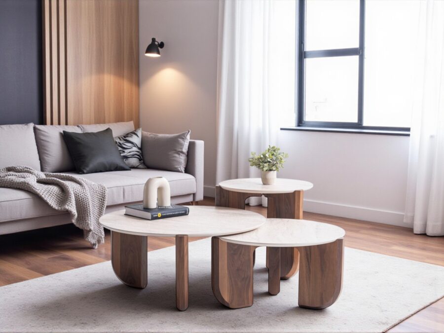 Thorin Walnut Travertine Coffee Table Set Of 3
